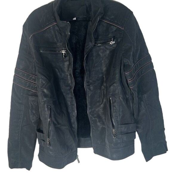 Black Faux Moto Jacket Linens With 4 Zipped Pockets Size Medium - Picture 1 of 12